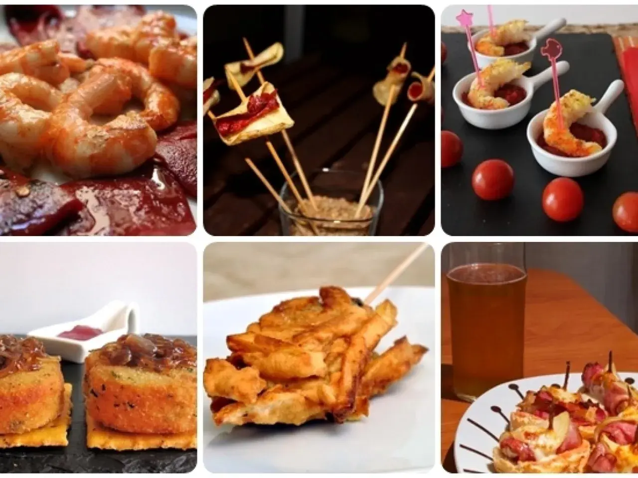 Variedad de pinchos y tapas originales: gambas, patatas fritas, montaditos y más. ¡Perfecto para compartir!