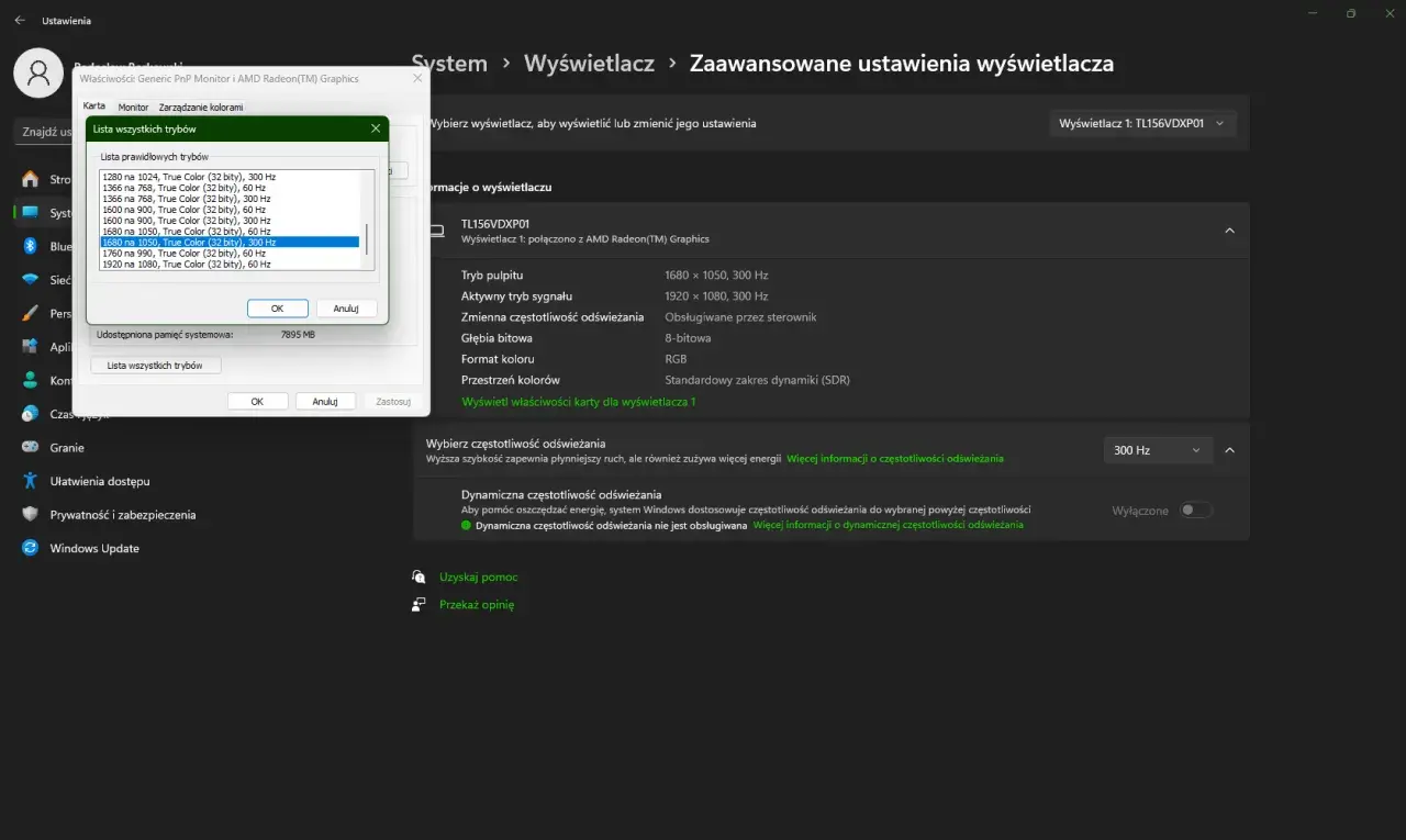 Okno dialogowe z listą częstotliwości odświeżania monitora (Hz) i ustawieniami wyświetlacza w systemie Windows.