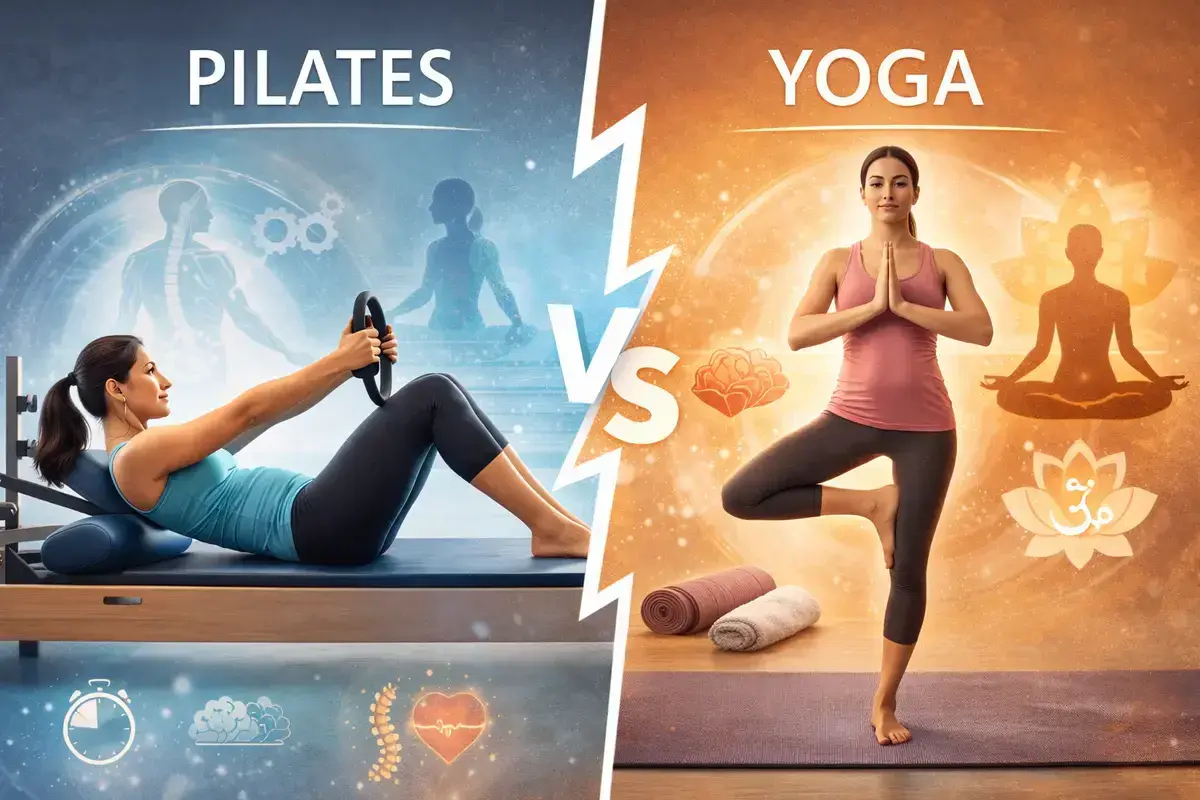 Comparación visual de la diferencia entre yoga y pilates: una mujer en equipo de pilates y otra en postura de árbol de yoga.
