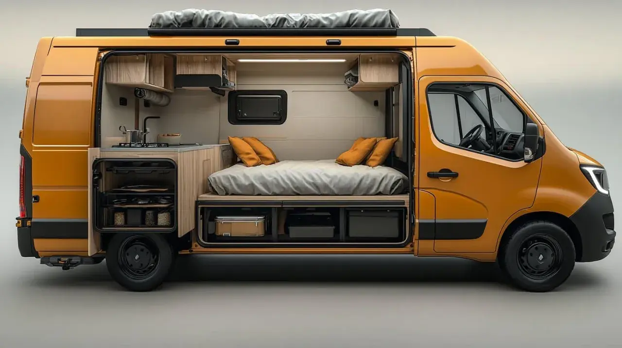 Aménagement intérieur d'un Renault Master L2H2 : lit confortable, cuisine fonctionnelle et rangements optimisés pour vos aventures.