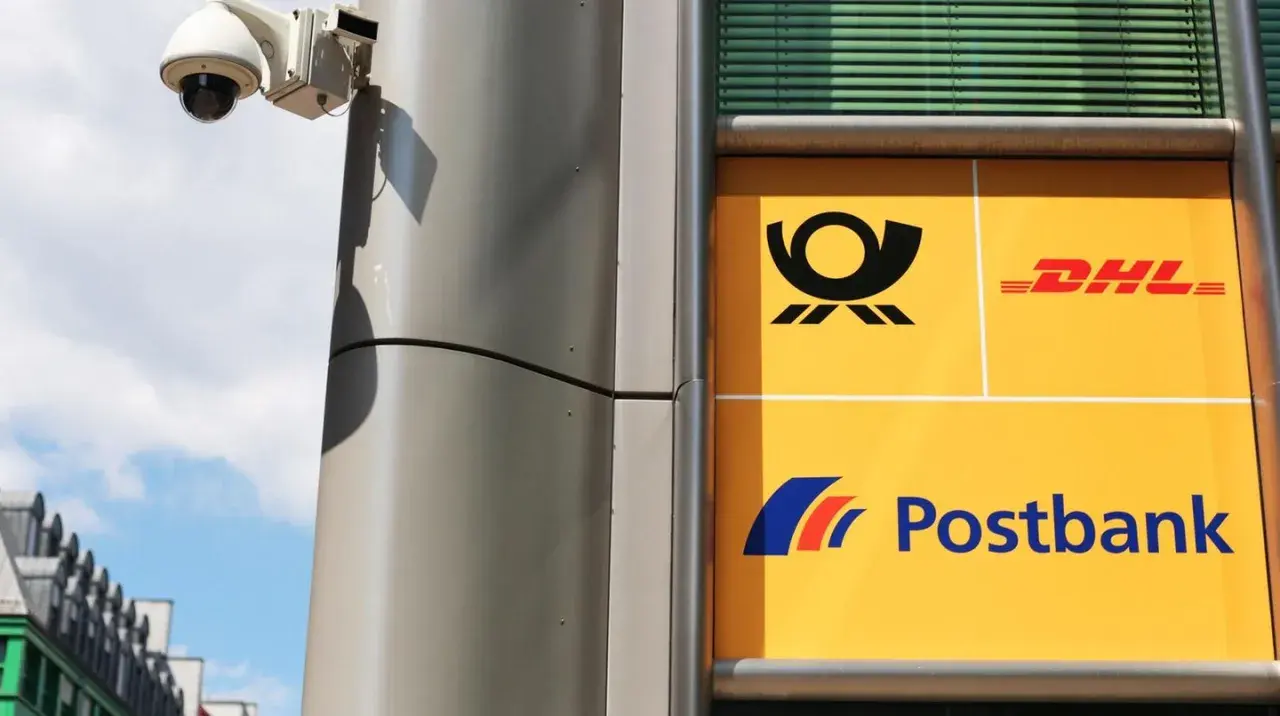 Überwachungskamera über dem Logo von Postbank und DHL. Vielleicht gibt es Postbank Probleme.