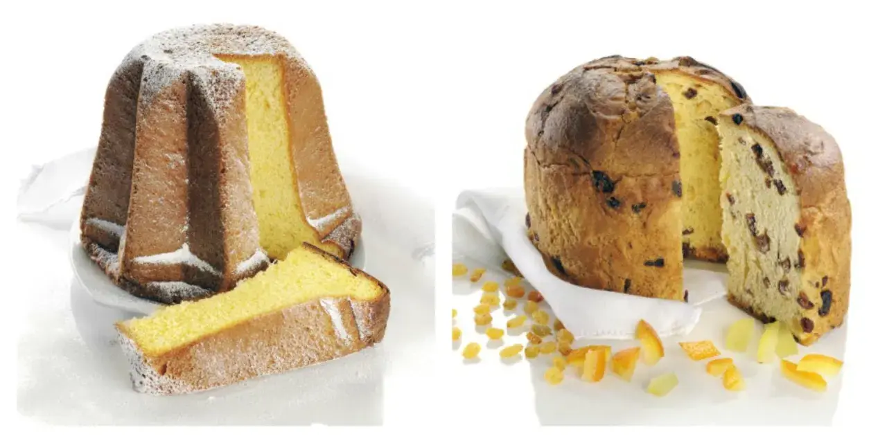 Un pandoro étoilé saupoudré de sucre glace à gauche, et un panettone aux fruits confits à droite.