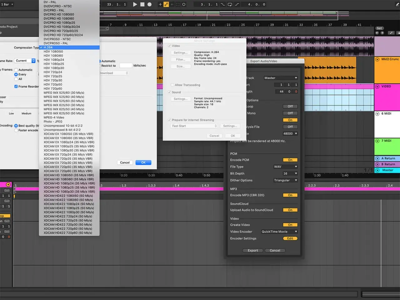 Exportation vidéo dans Ableton Live, avec options de compression H.264. Idéal pour ceux qui cherchent à exporter leur projet gratuitement.