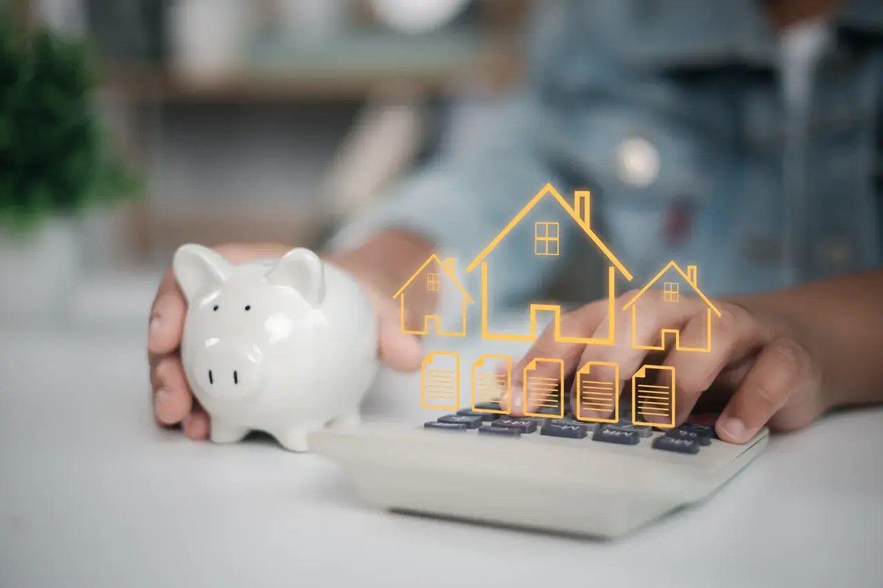 Une tirelire et une calculatrice avec des icônes de maisons et de documents. Une autre solution que le prêt relais pour financer votre projet immobilier.