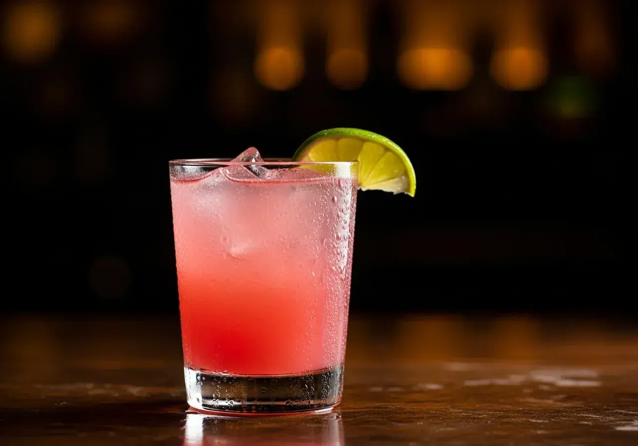 En rosa paloma drink med is och en limeklyfta, perfekt för en varm sommarkväll.