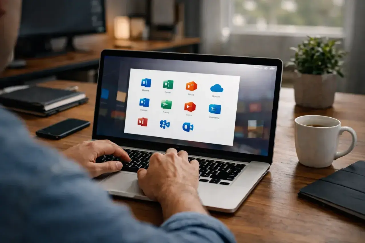 Un homme utilise un ordinateur portable affichant la grille d'applications Office 365, incluant Word, Excel et OneDrive.