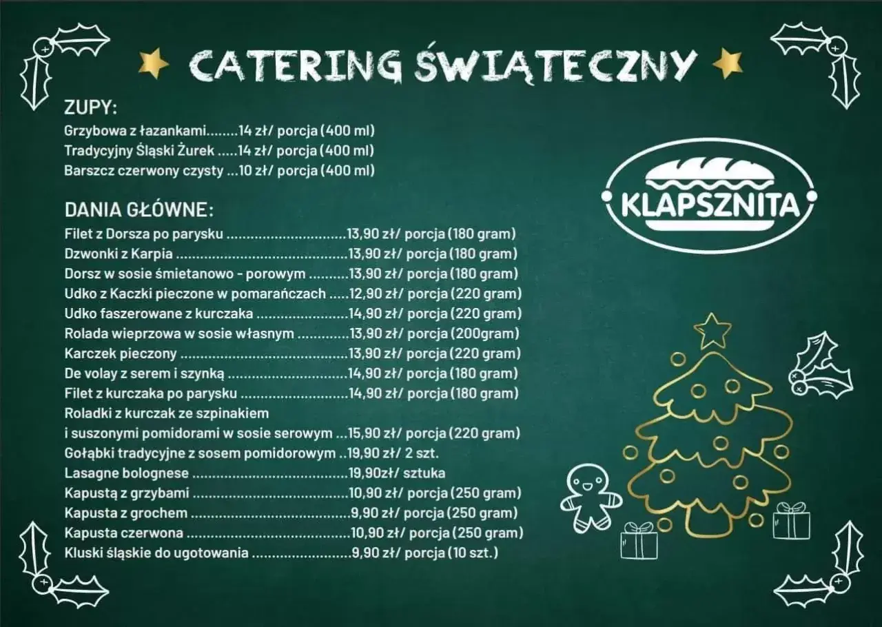 Catering świąteczny cennik: zupy, dania główne, kapusty i kluski. Sprawdź ceny i wybierz idealne menu na święta.