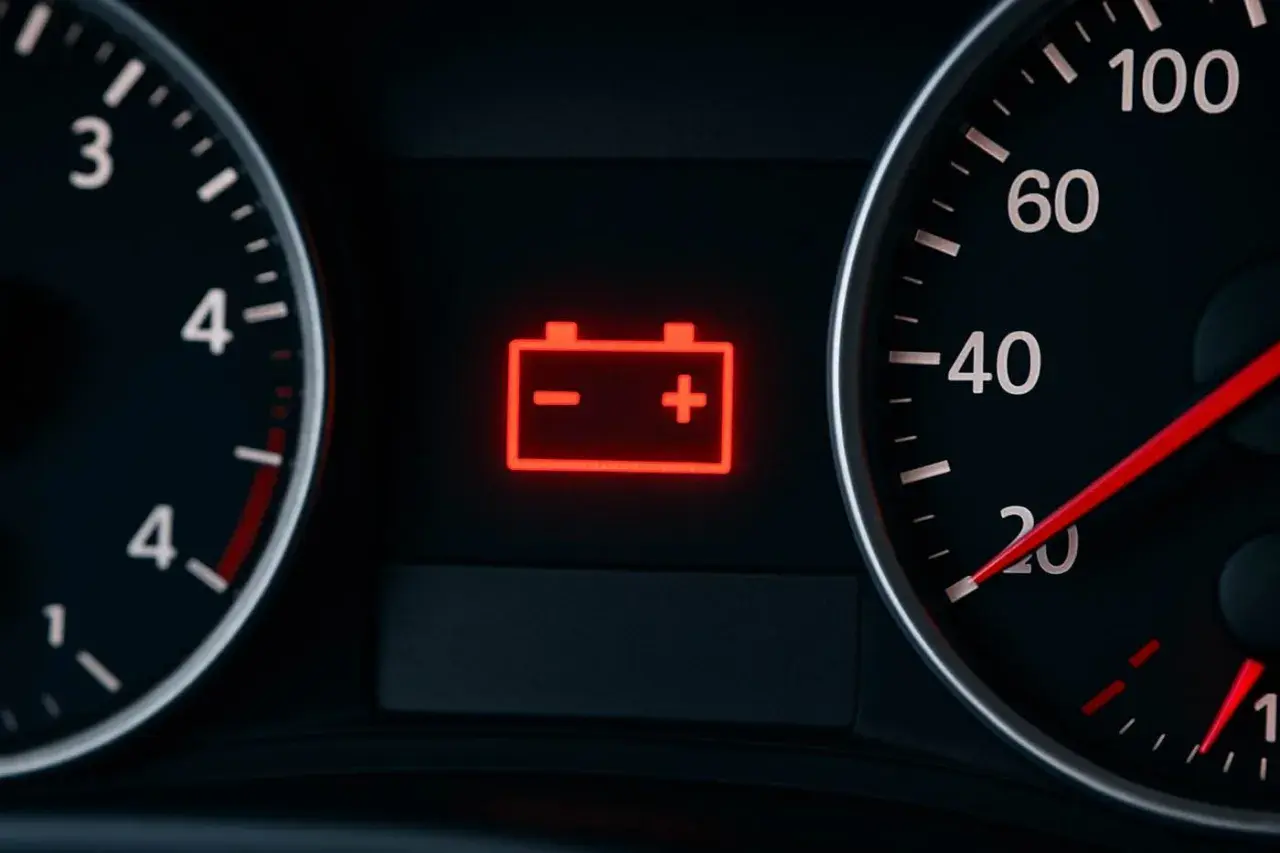 Cruscotto auto con spia batteria scarica accesa in rosso, accanto a indicatori di velocità e giri.