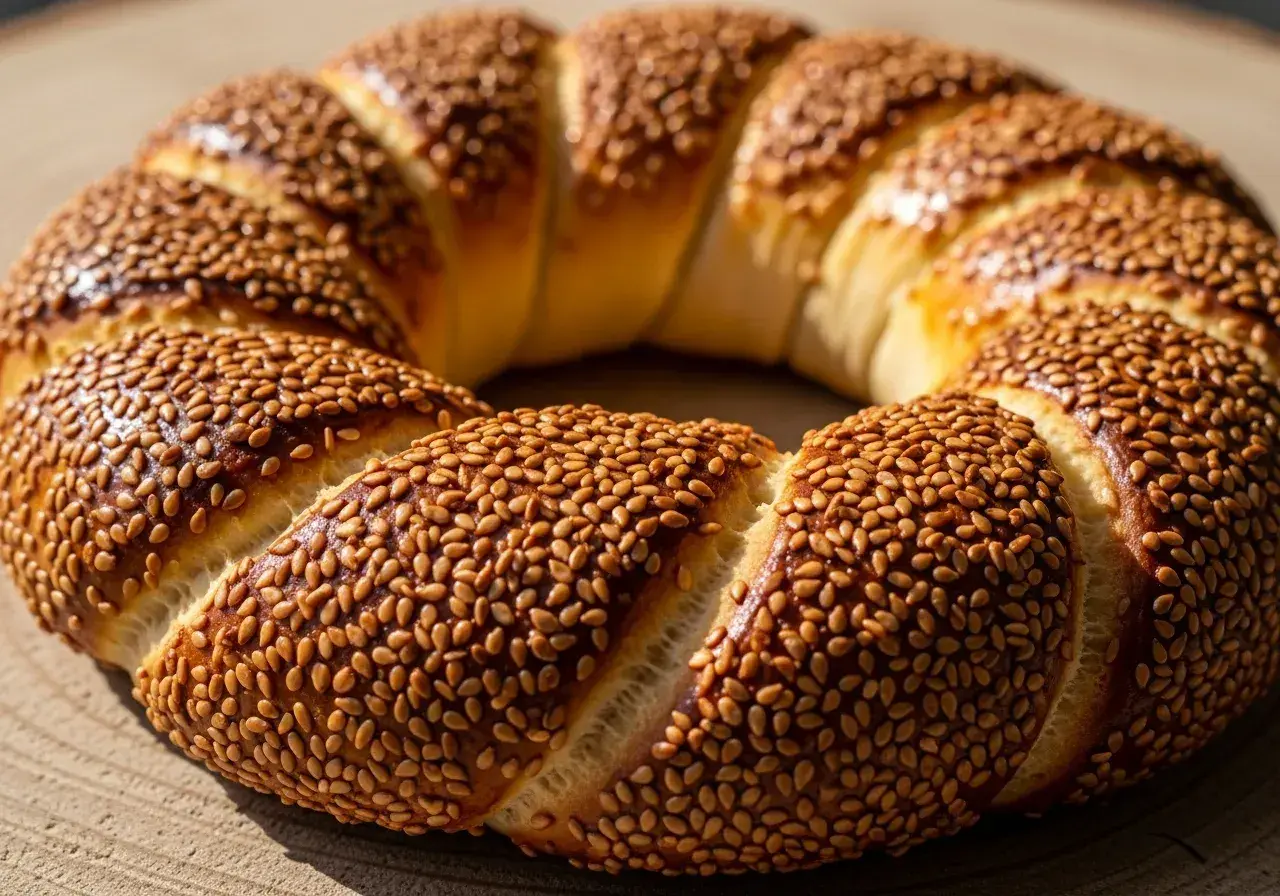En gyllene, sesamfröbeströdd simit, perfekt för ditt simit recept.