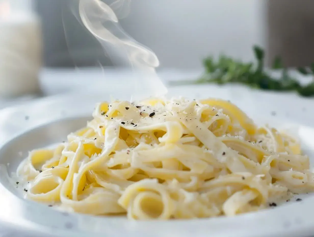 En ångande portion pasta alfredo, generöst toppad med riven parmesan och svartpeppar. Enkel men lyxig.
