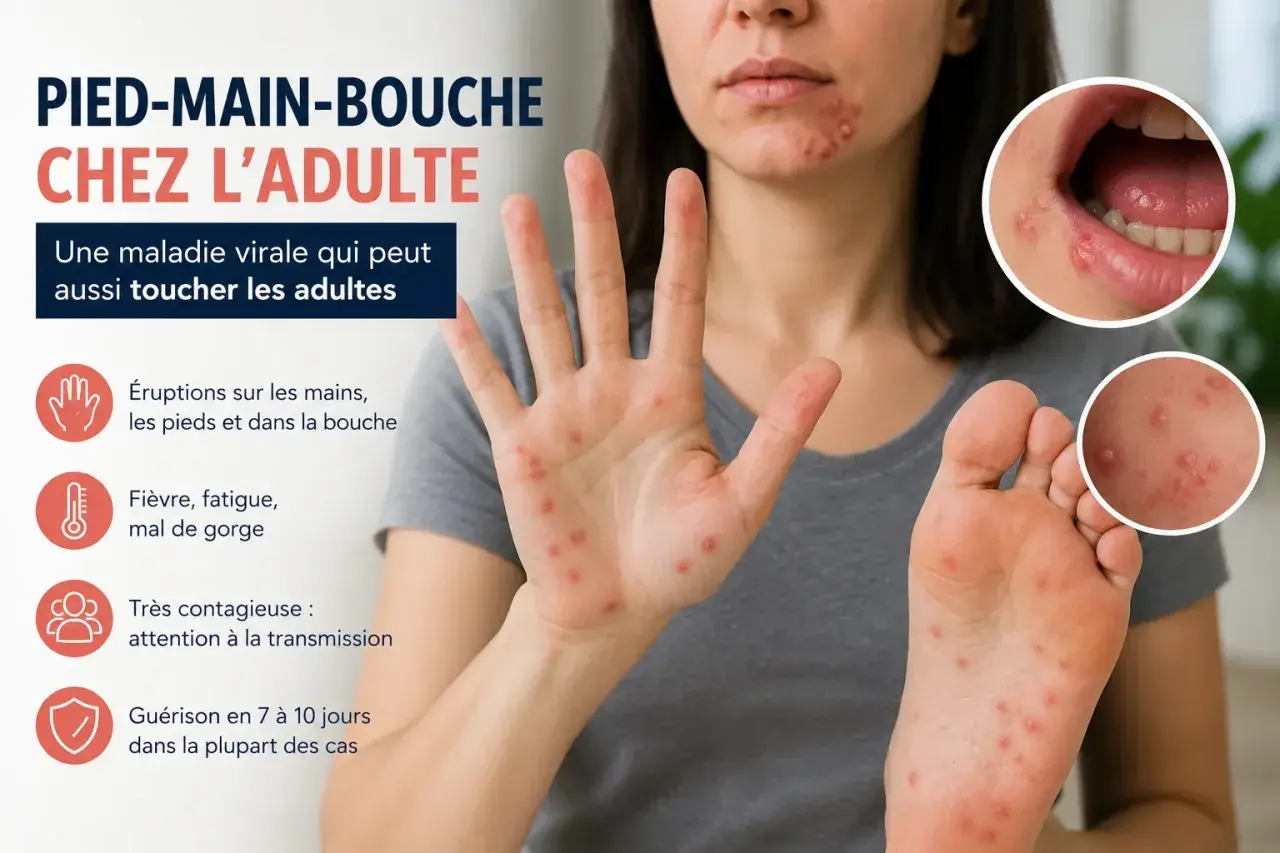 Adulte atteint du pied-main-bouche : éruptions sur mains, pieds et bouche, fièvre, fatigue. Maladie virale contagieuse.