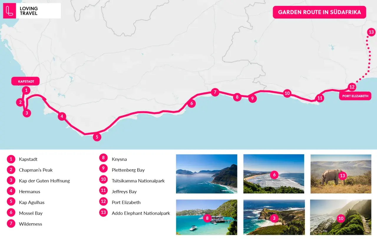Karte der Garden Route in Südafrika mit 13 Stationen, von Kapstadt bis zum Addo Elephant Nationalpark. Tolle Garden Route Tipps für Ihre Reise!
