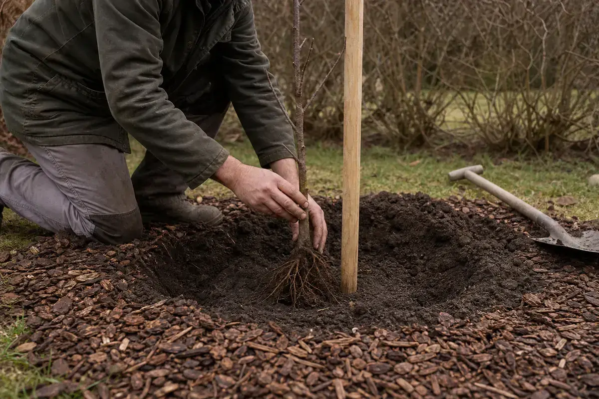 Un jardinier plante un jeune abricotier, ses mains guidant la racine dans la terre fraîche. Un tuteur en bois est déjà en place.