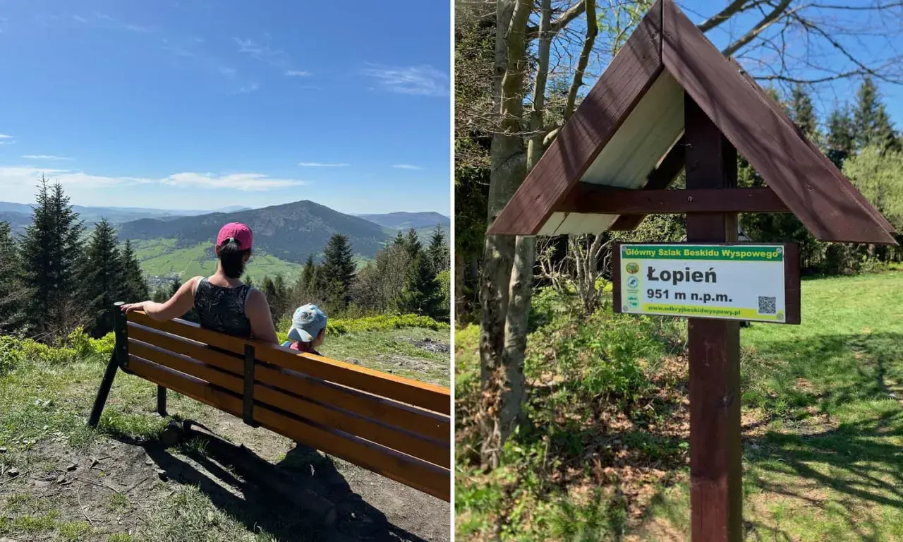 Rodzina odpoczywa na ławce, podziwiając widok na góry. Obok tabliczka informuje o szczycie Łopień, 951 m n.p.m.