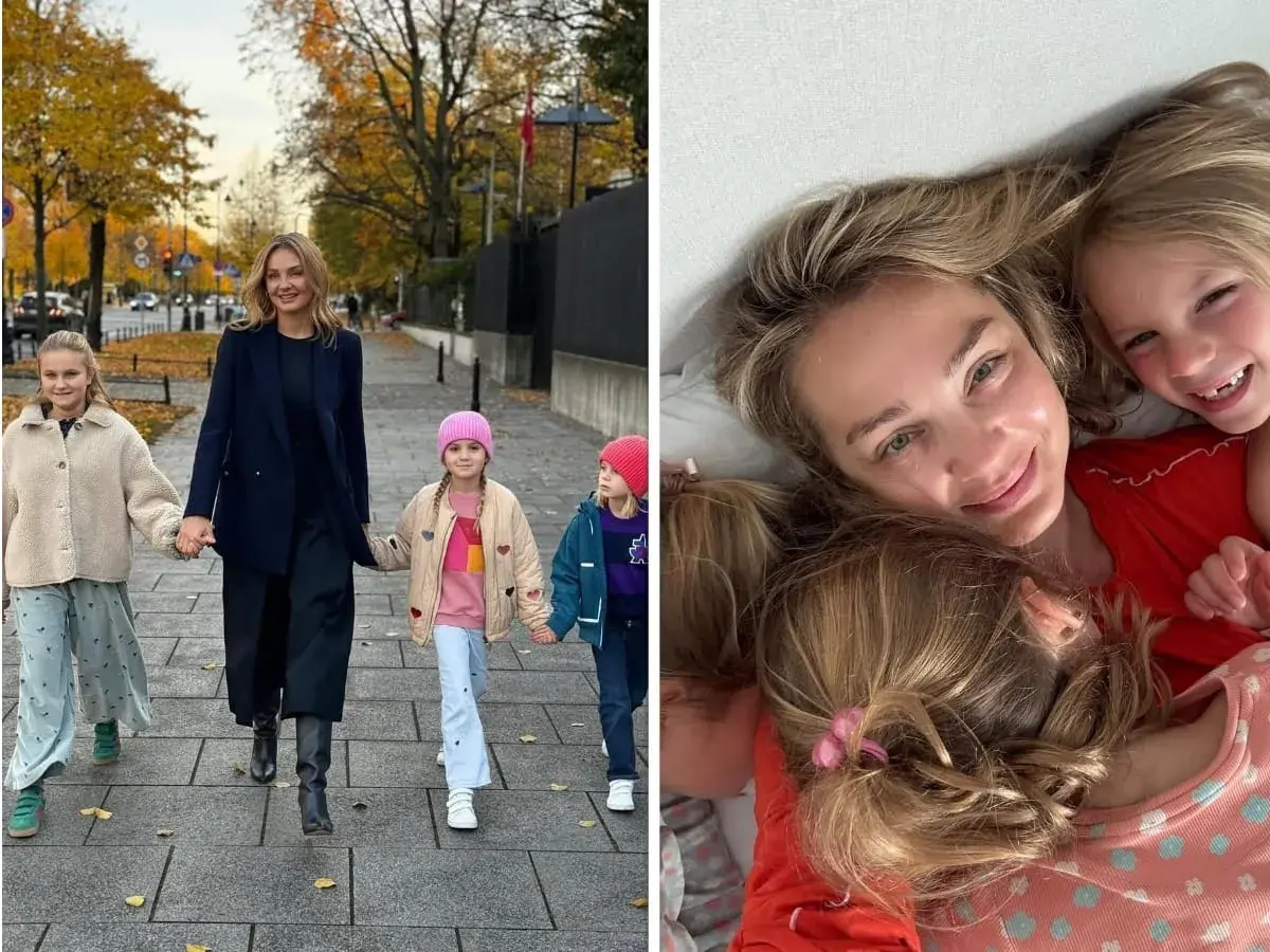 Edyta Herbuś z dziećmi spaceruje jesienią i przytula się do nich w łóżku.