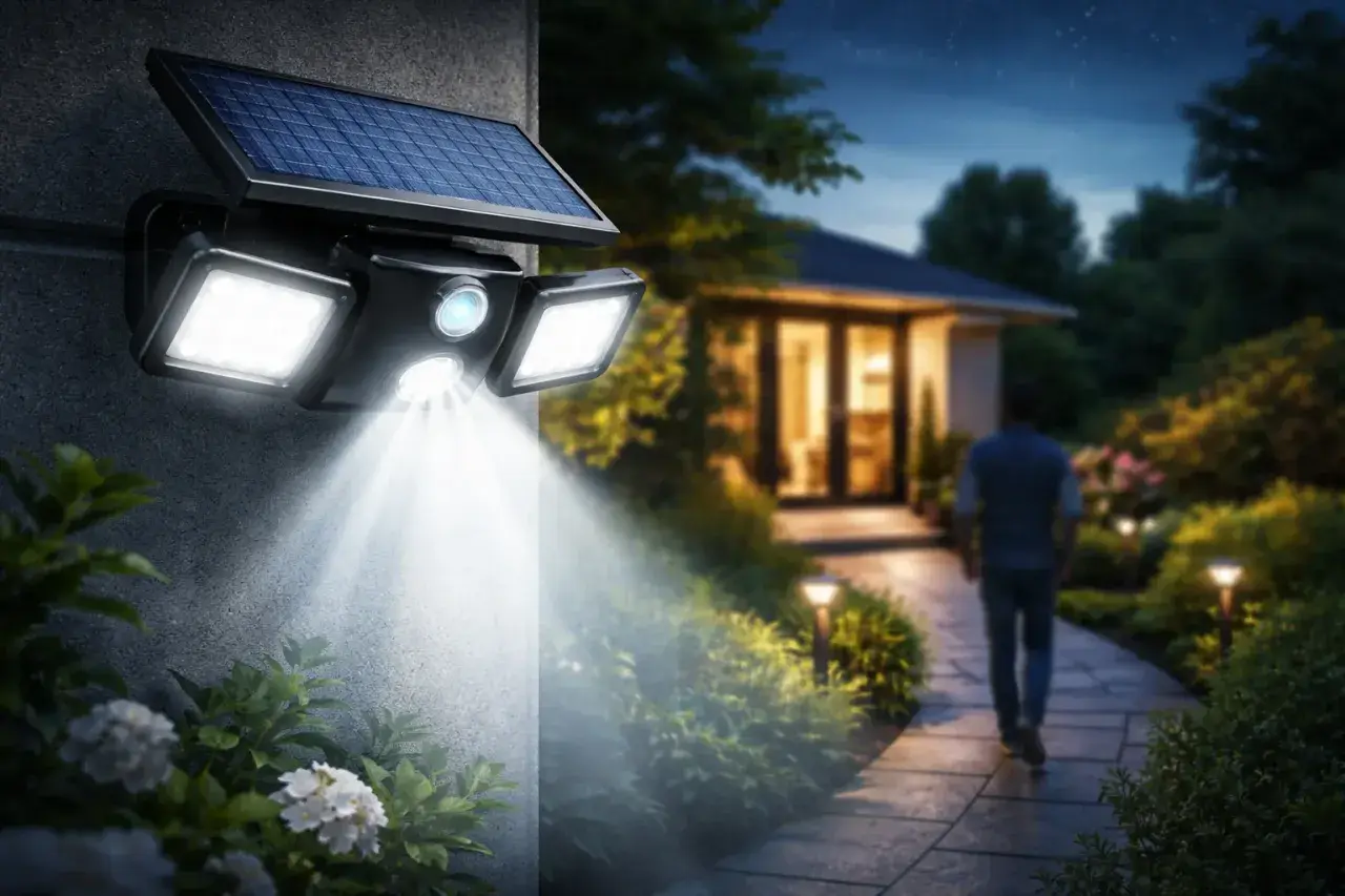 Lampa solarna oświetla ścieżkę w ogrodzie. Czy lampy solarne świecą zimą? Tak, nawet w chłodne dni zapewniają bezpieczeństwo.