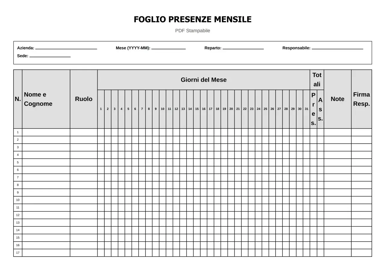 Foglio presenze mensile Word da scaricare gratis. Modulo per registrare presenze giornaliere, totali, note e firme.