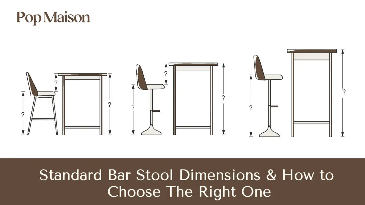 Diagrams showing different kitchen island bar stool heights and table dimensions, with question marks indicating measurements.