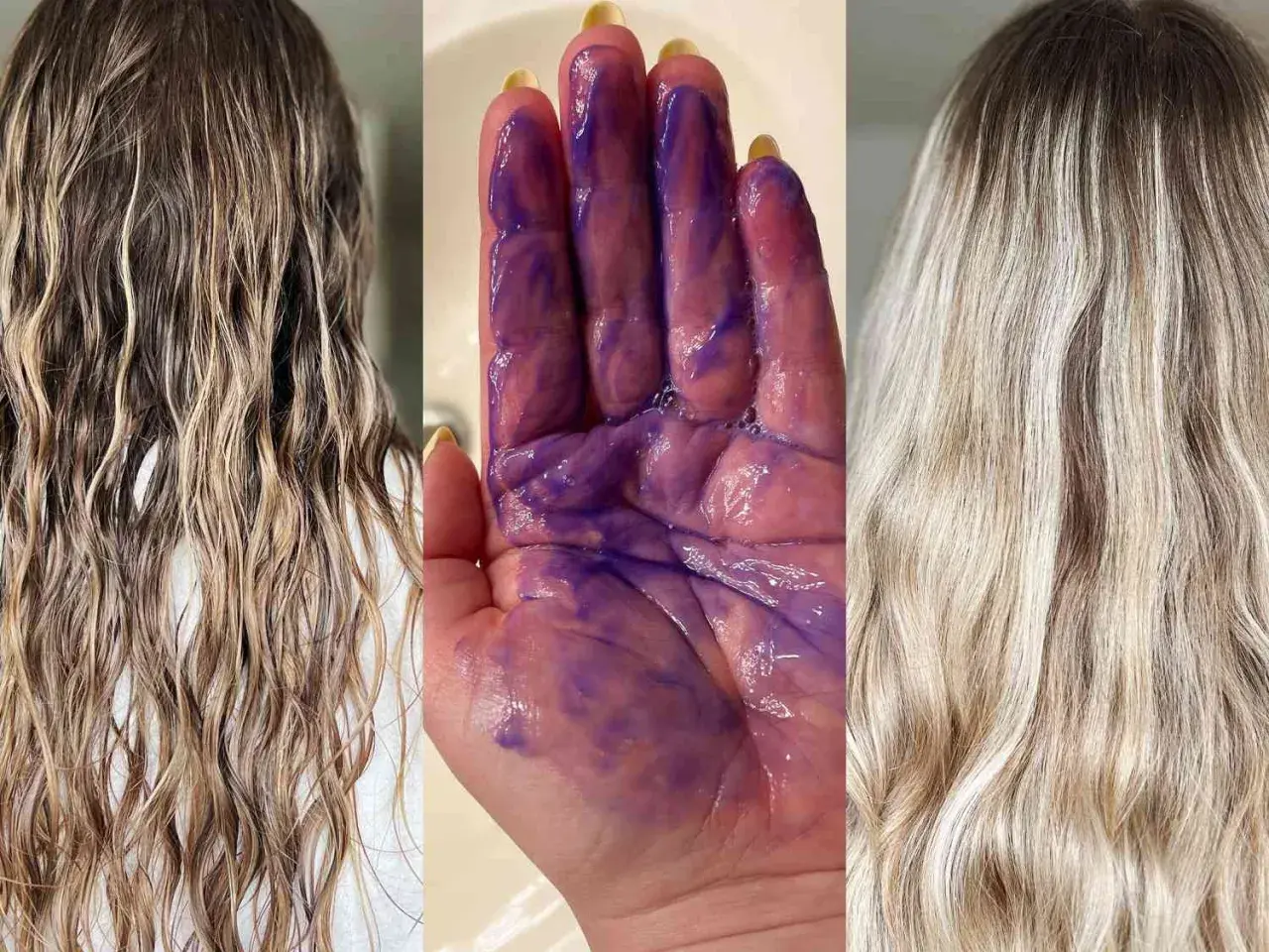Cabello rubio con tonos amarillos antes y después de usar champú violeta. La mano muestra el producto morado listo para usar.