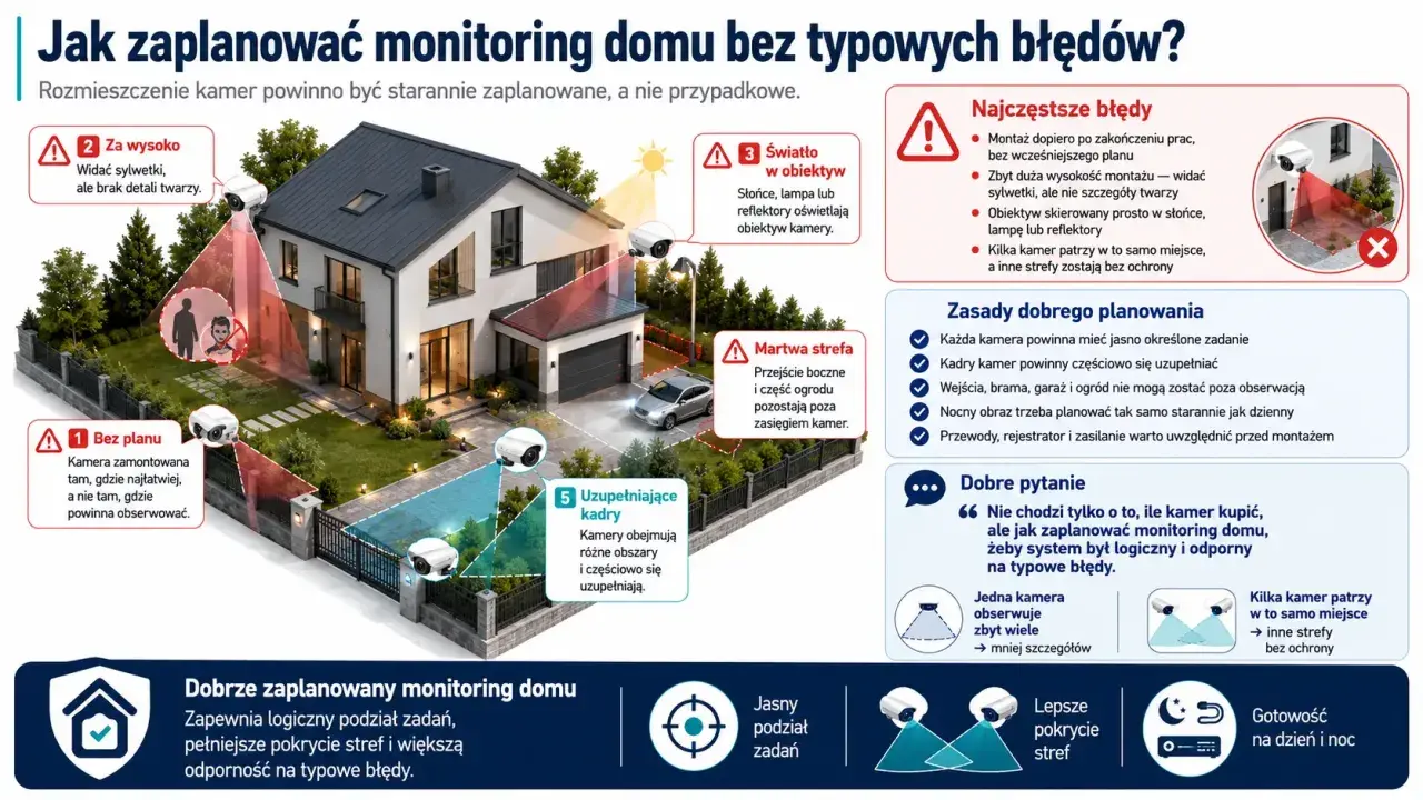 Ilustracja pokazuje, jak zaplanować system monitoringu domu jednorodzinnego, unikając błędów takich jak złe rozmieszczenie kamer czy martwe strefy.