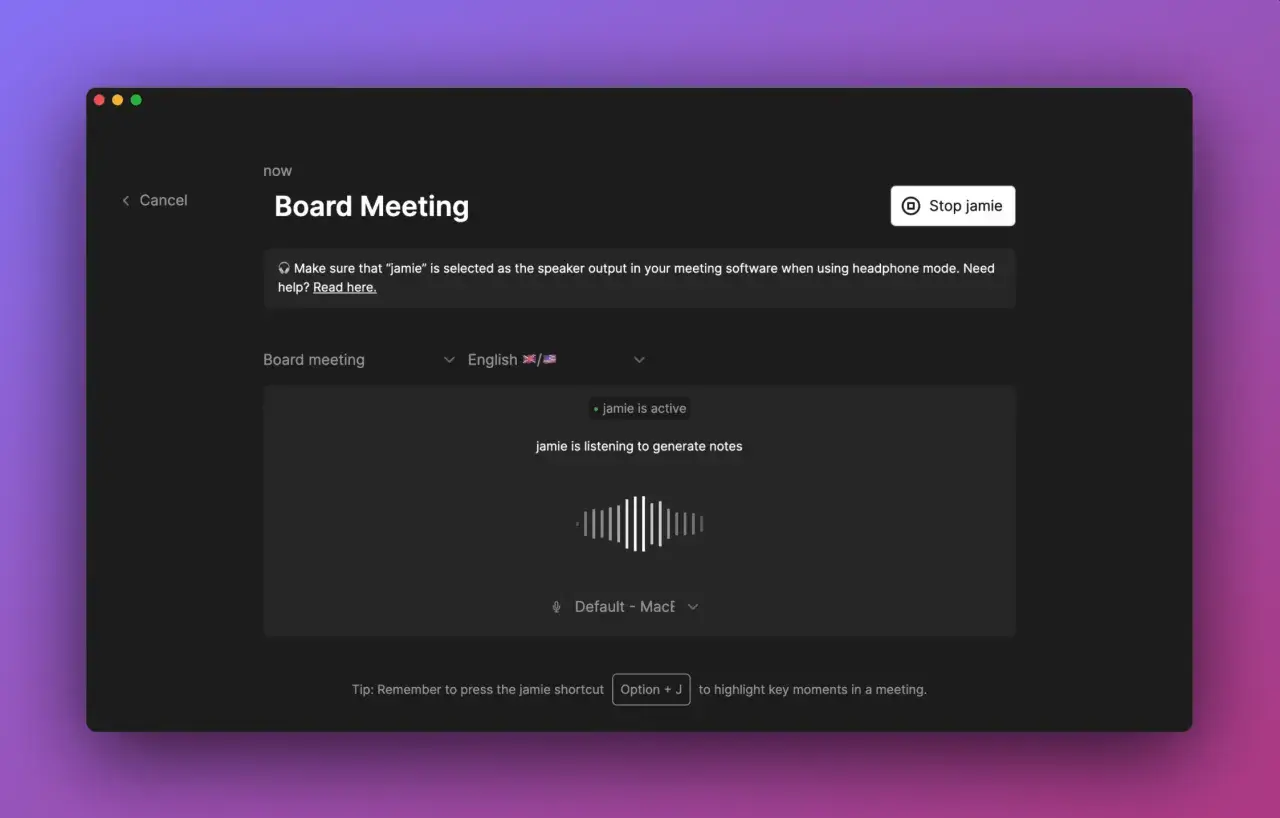 Screen shows how to record minutes of a board meeting with "jamie" active, listening, and ready to generate notes.