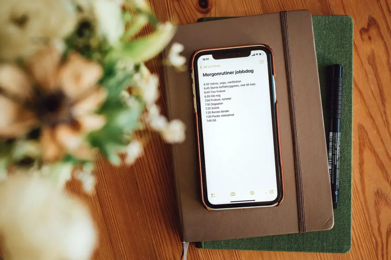 iPhone displaying a morning routine list on top of notebooks with a pen and flowers.