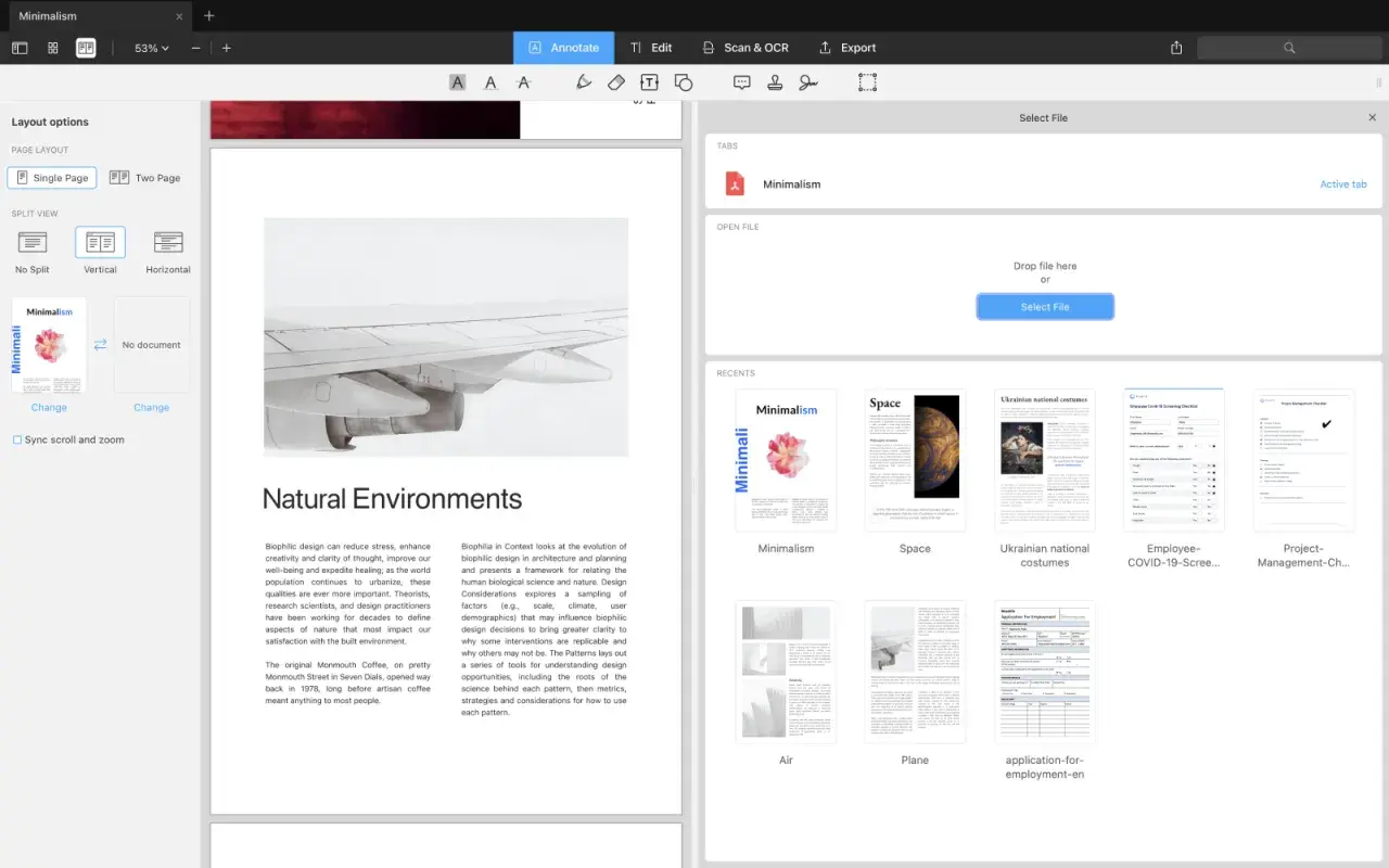 Jak połączyć pliki PDF? Interfejs programu do edycji PDF pokazuje opcje układu strony, podziału widoku i ostatnio otwierane dokumenty, sugerując sposób na scalenie plików.