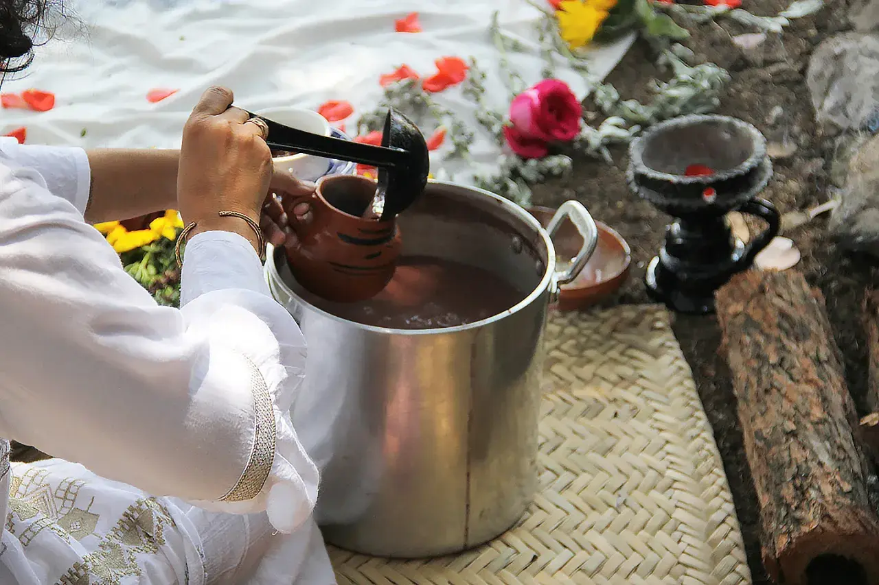 Vorbereitung von Ayahuasca: Eine Person schöpft mit einer Kelle eine braune Flüssigkeit in einen Tonkrug. Blumen und Holz liegen daneben.