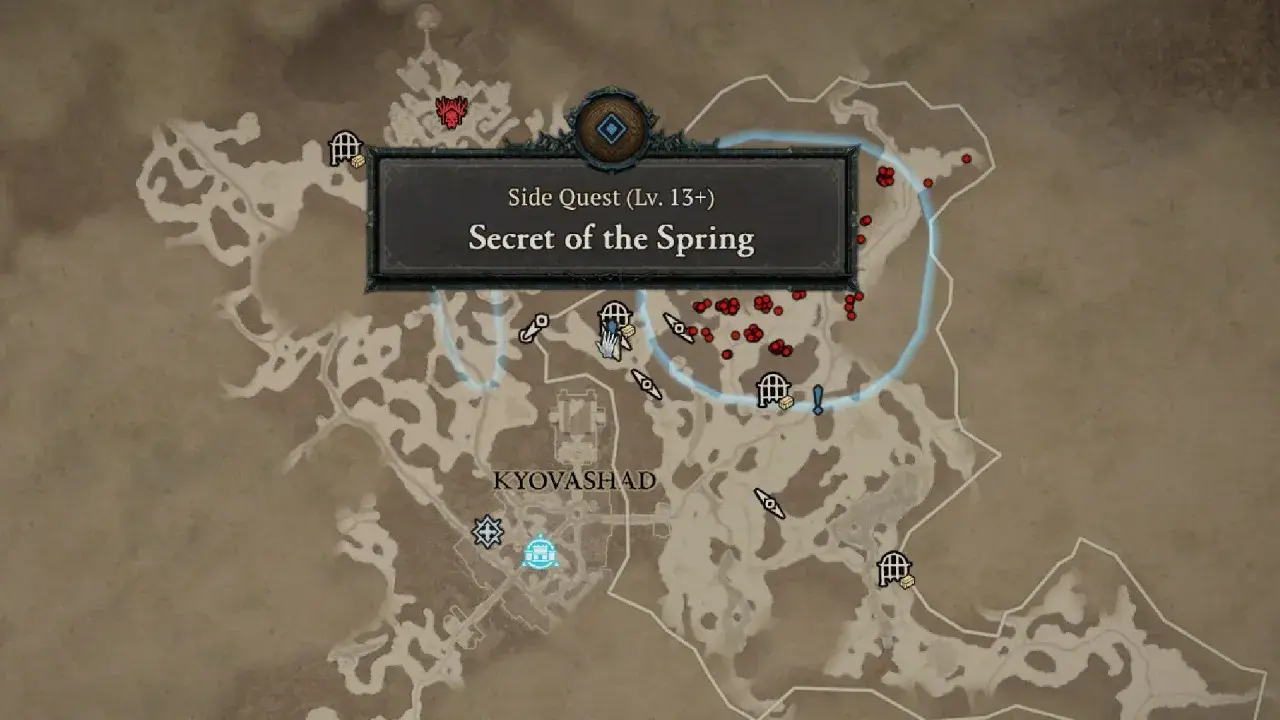 Mapa z gry Diablo 4, zaznaczona misja poboczna "Tajemnice źródła" (Secret of the Spring) w okolicach Kyovashad.