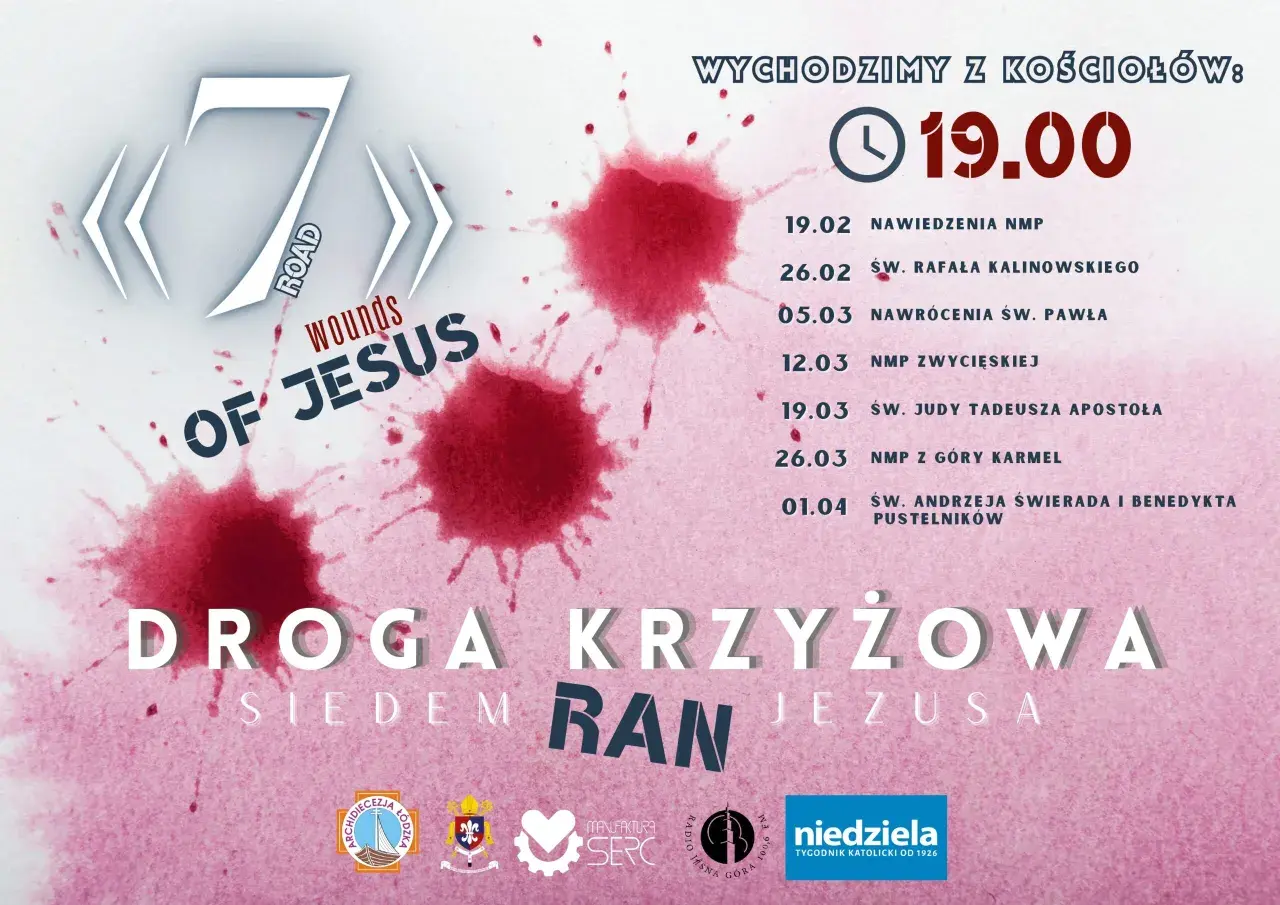 Plakat informuje o terminach Drogi Krzyżowej o 19:00, z datami i tematami rozważań.