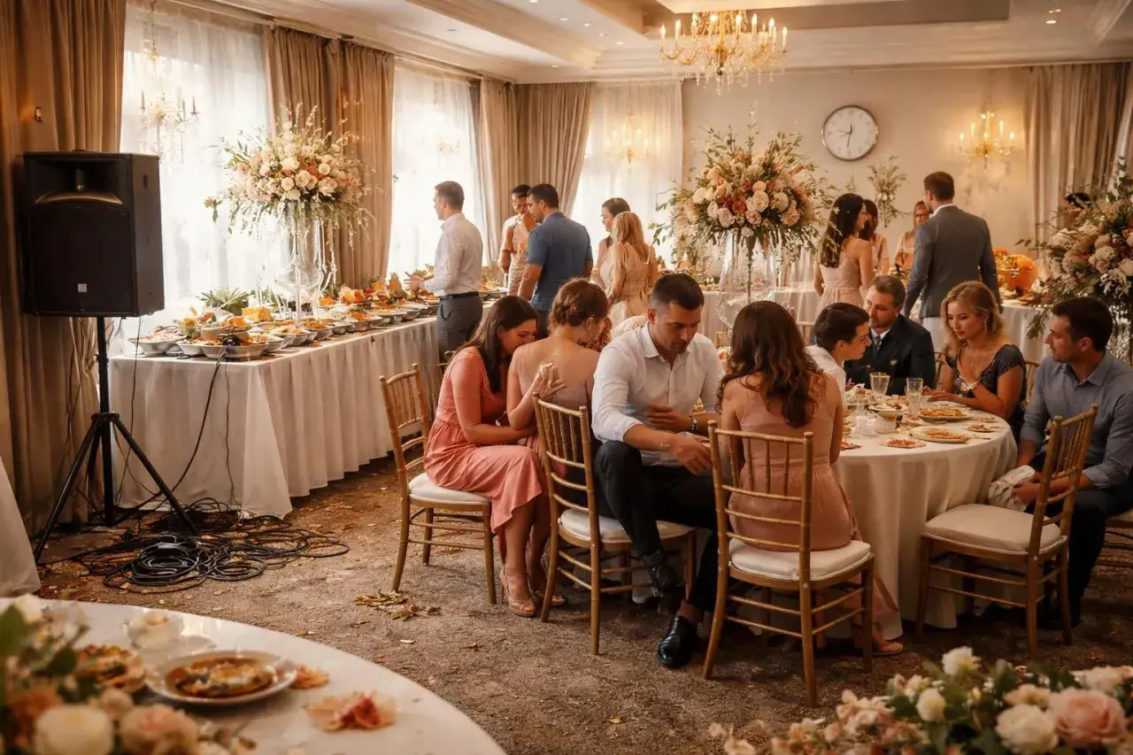 Réception de mariage à Strasbourg. Des invités sont assis à des tables décorées, un buffet est dressé.