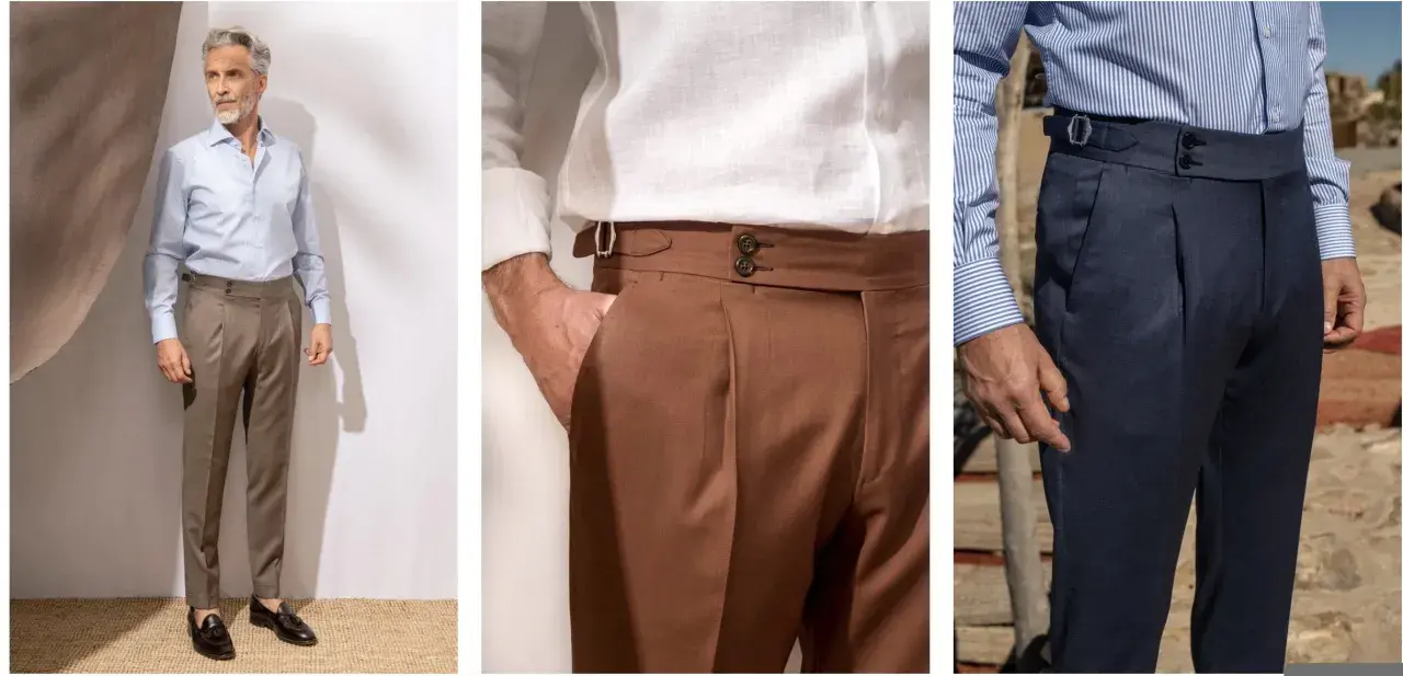 Trois hommes portent des pantalons de costume sans ceinture, de couleur marron, bleu marine et un autre homme en pantalon marron.