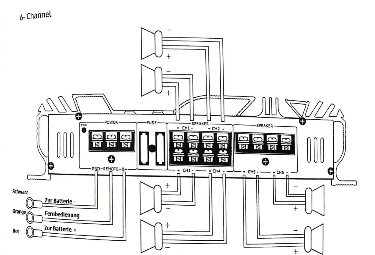 Schema di impianto stereo auto a 6 canali: collegamenti di alimentazione, fusibile, altoparlanti e controllo remoto.