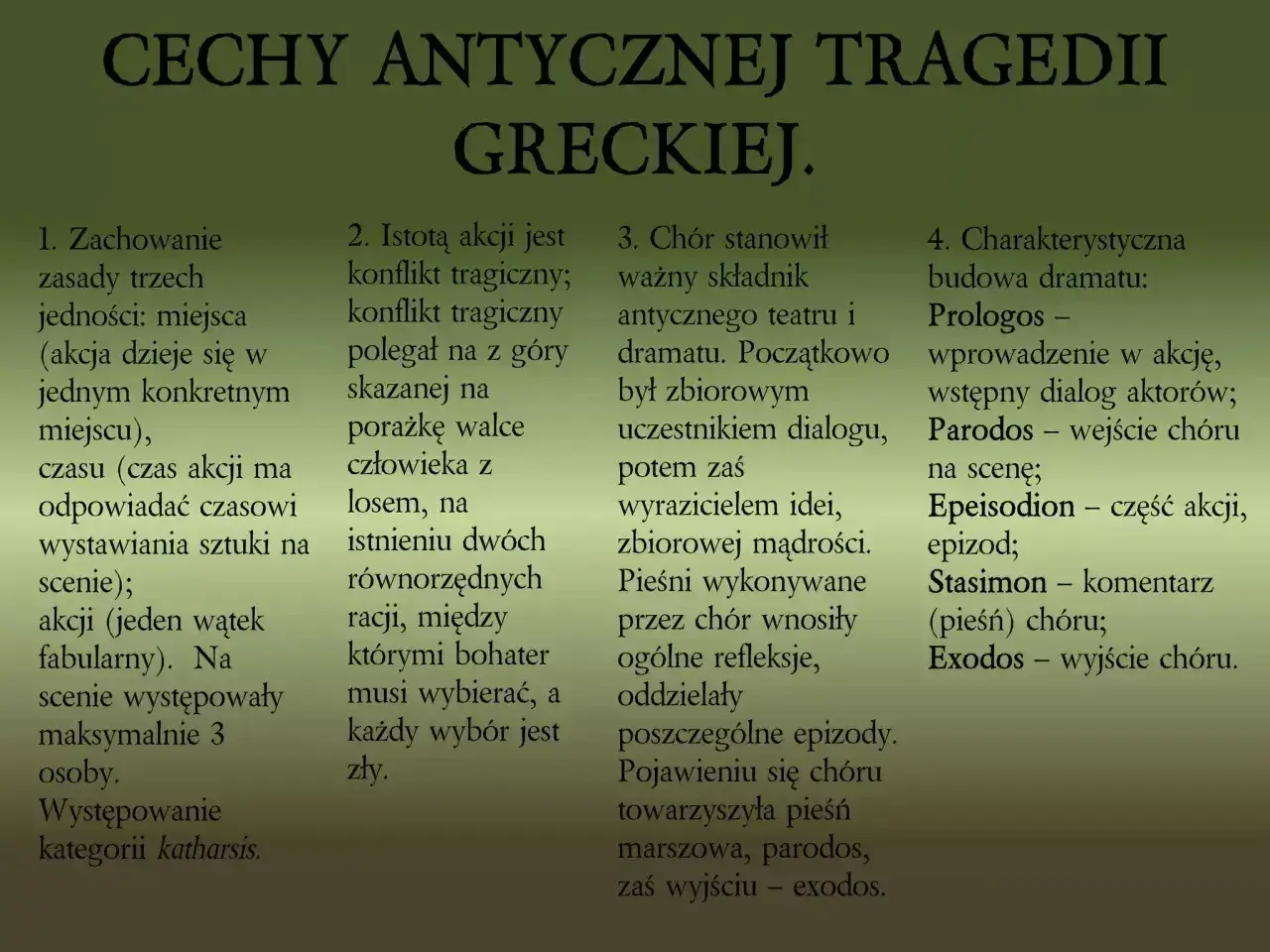 Cechy tragedii antycznej: zasada trzech jedności, konflikt tragiczny, rola chóru, budowa dramatu (prologos, parodos, epeisodion, stasimon, exodos).
