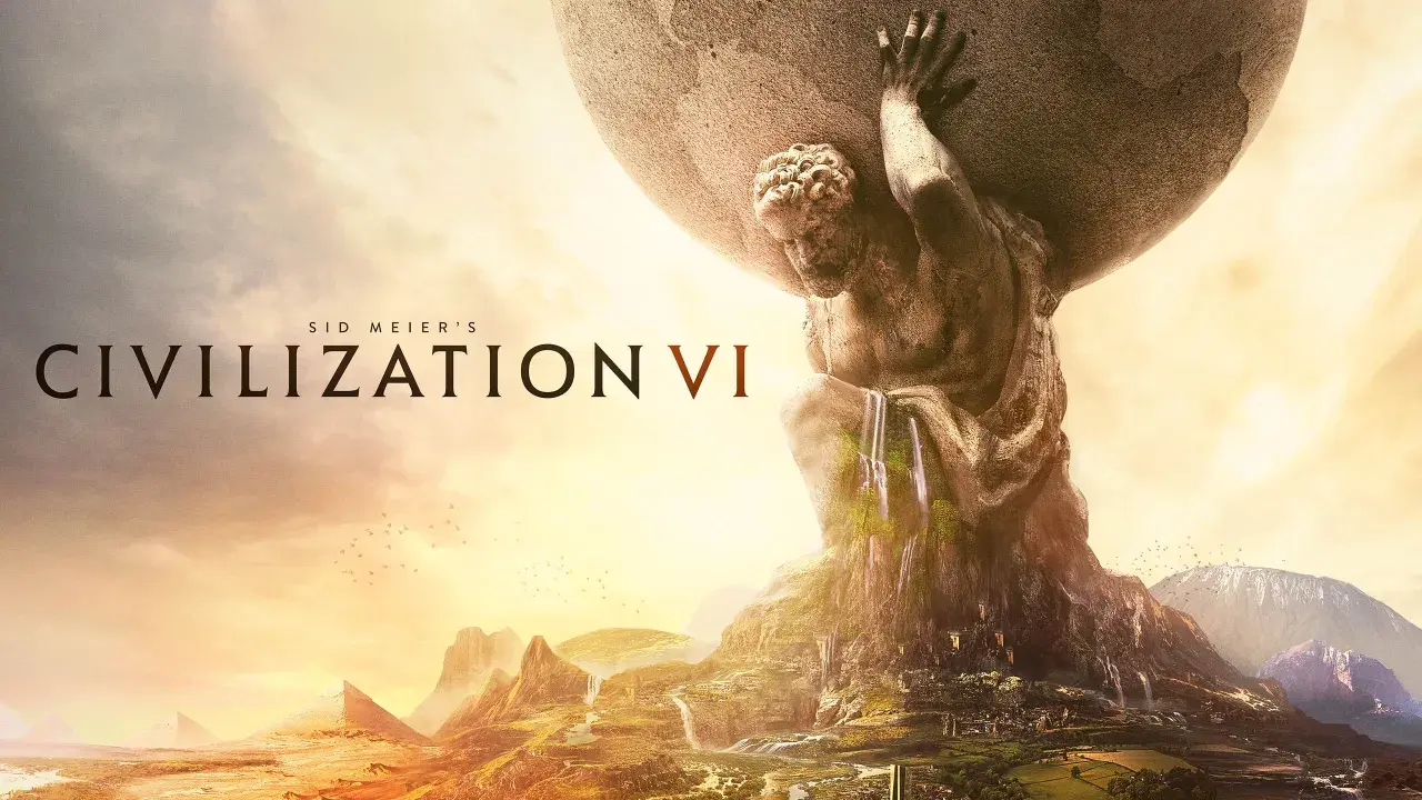 Tytan dźwigający świat na tle zachodzącego słońca, symbolizujący grę Sid Meier's Civilization VI i jej dodatki.