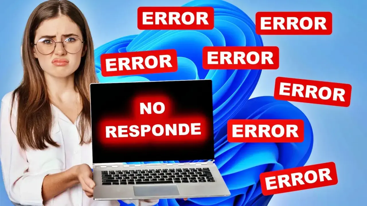 Mujer frustrada con laptop que no responde y múltiples errores. ¿Solución? Reiniciar controladores gráficos.