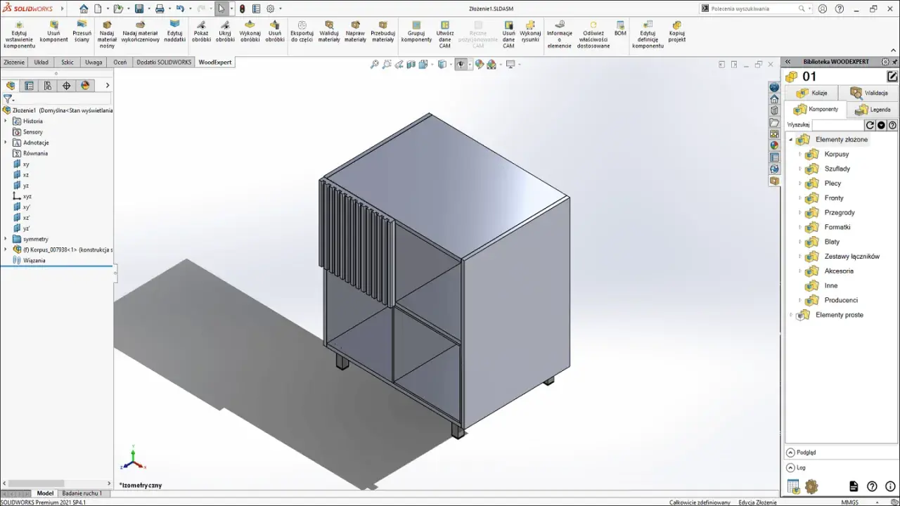 Projektowanie mebli w programie SolidWorks WoodExpert. Widok modelu szafki z widoczną biblioteką komponentów.