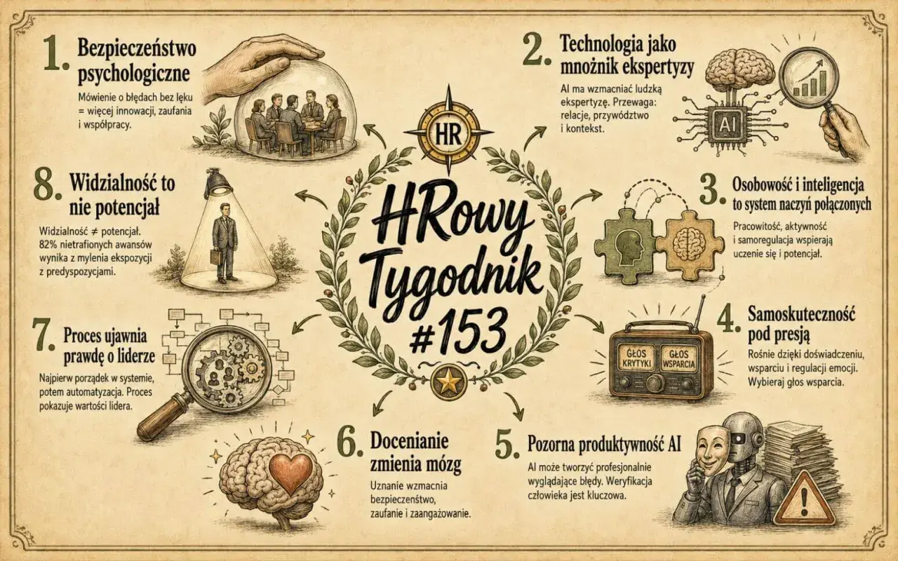 Grafika przedstawia osiem punktów dotyczących HR. Osoba skrupulatna doceniłaby te informacje.