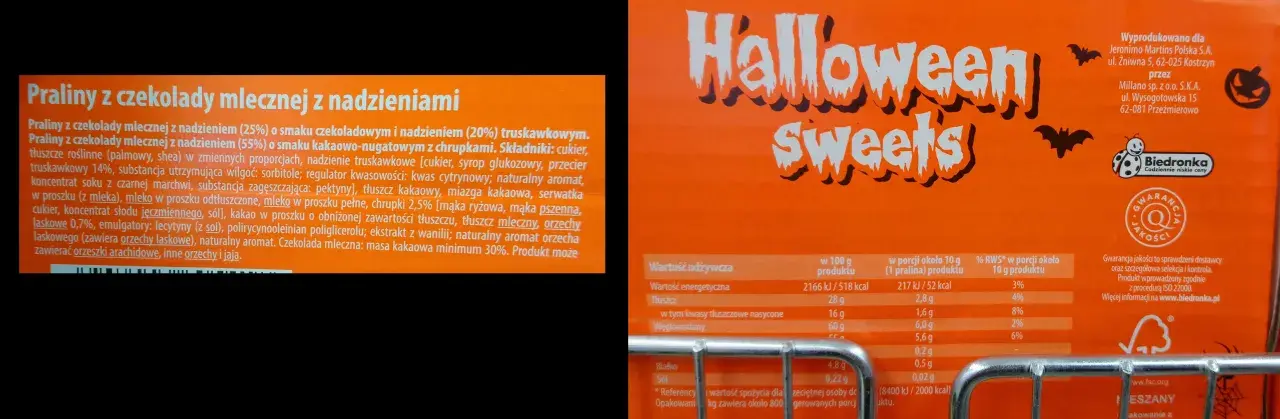 Praliny z czekolady mlecznej z nadzieniem mają 52 kcal w porcji ok. 10g.