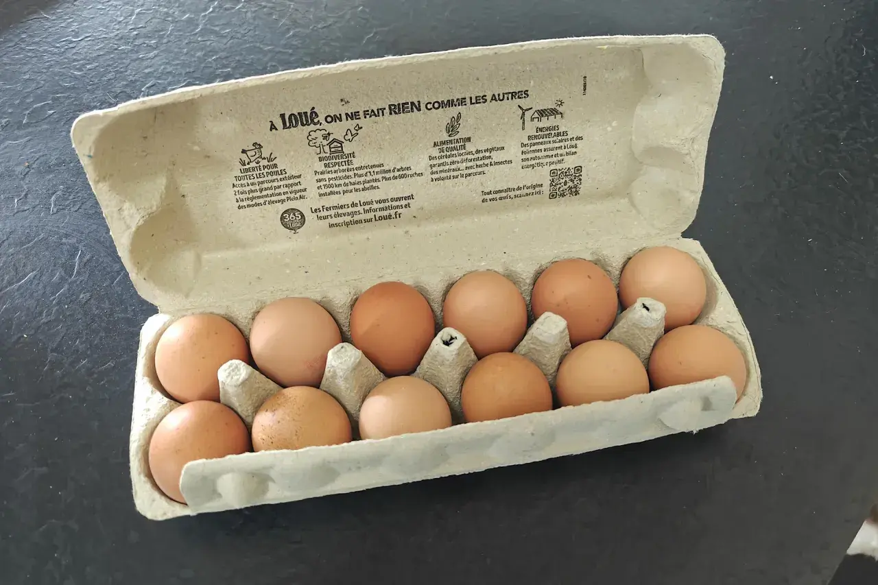 Une boîte de **dlc oeufs** de poules élevées en plein air, avec des informations sur le bien-être animal et la biodiversité.