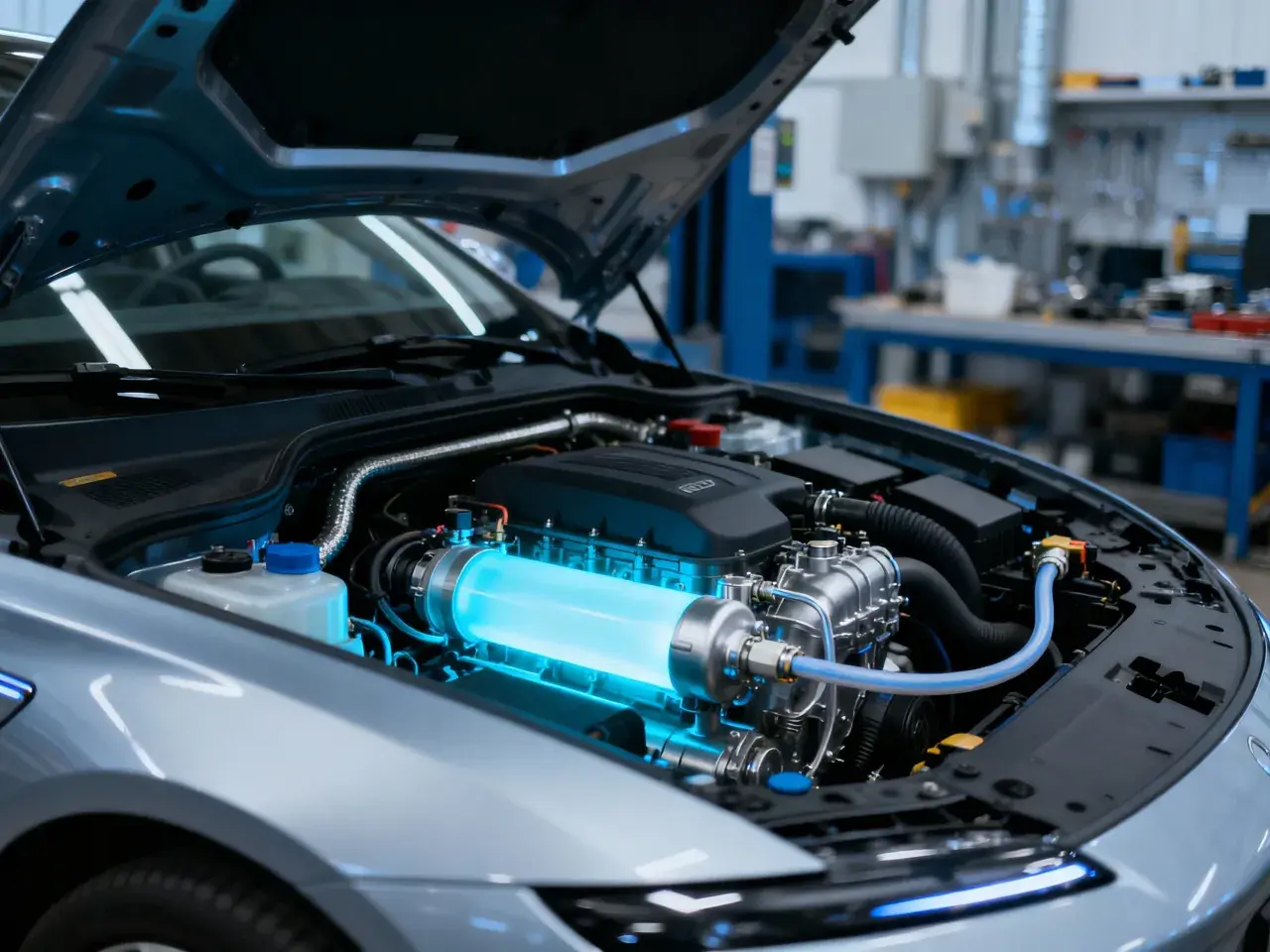 Moteur de voiture avec un cylindre lumineux bleu, peut-être pour un décalaminage hydrogène.