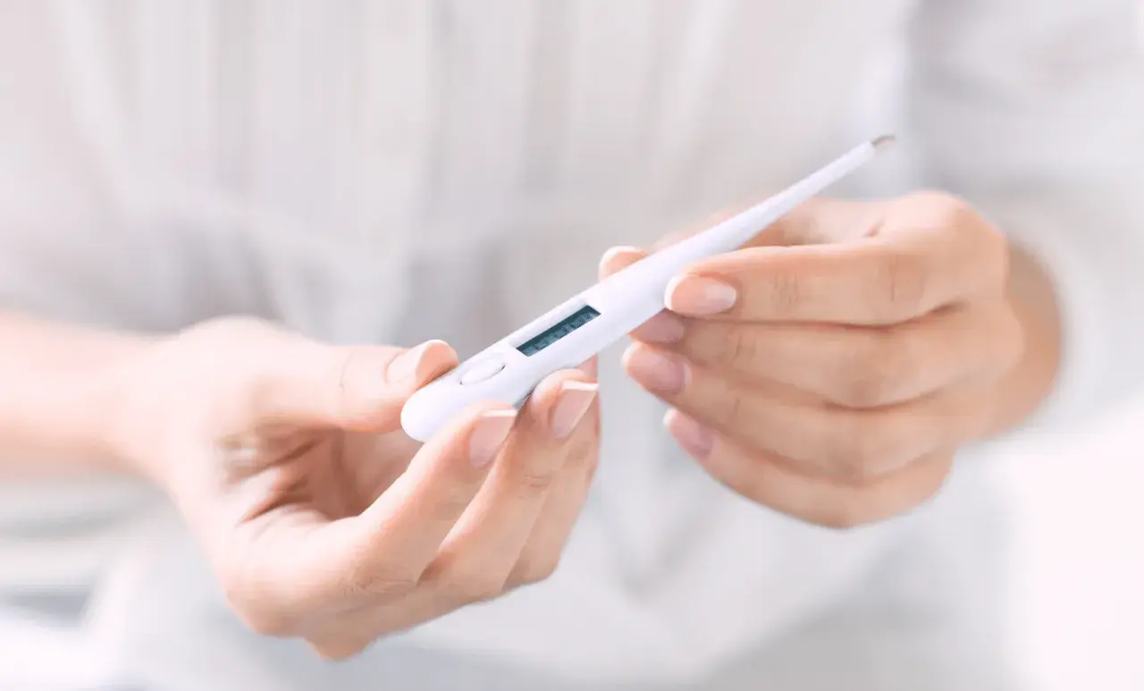 Hände halten ein digitales Thermometer, das die Temperatur für den Eisprung anzeigt.