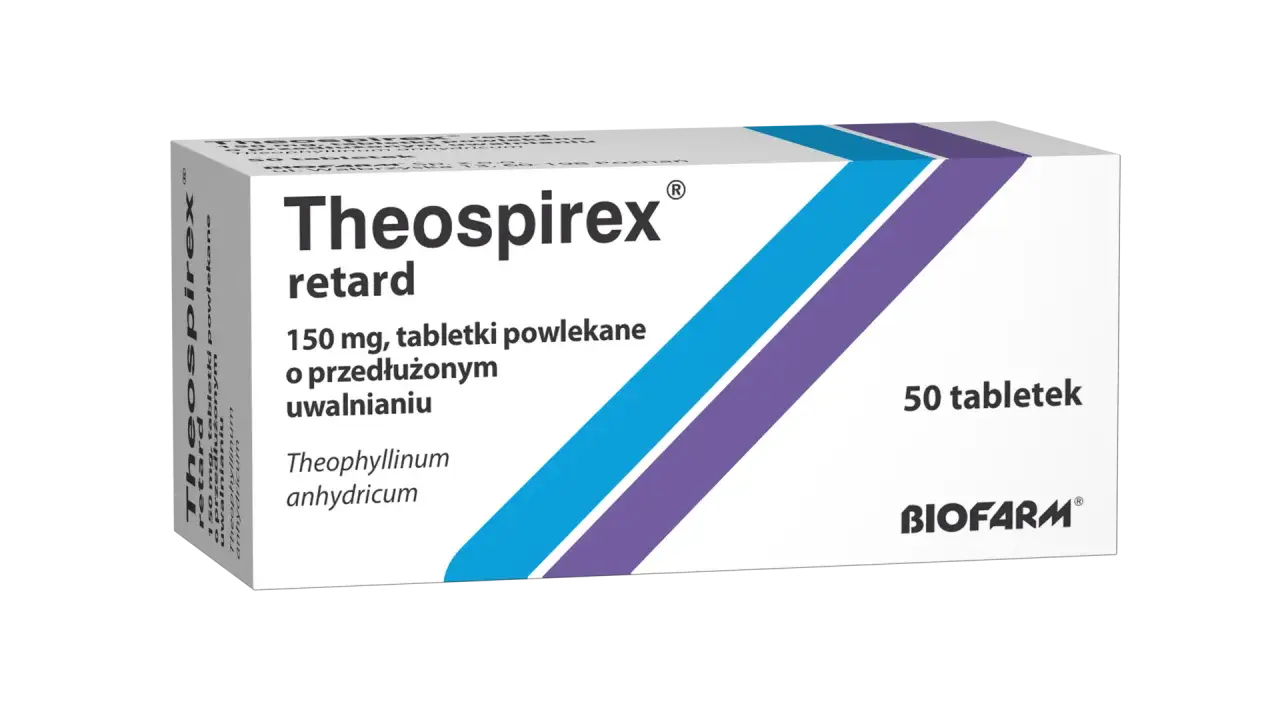 Opakowanie leku Theospirex retard, 150 mg, 50 tabletek powlekanych o przedłużonym uwalnianiu.