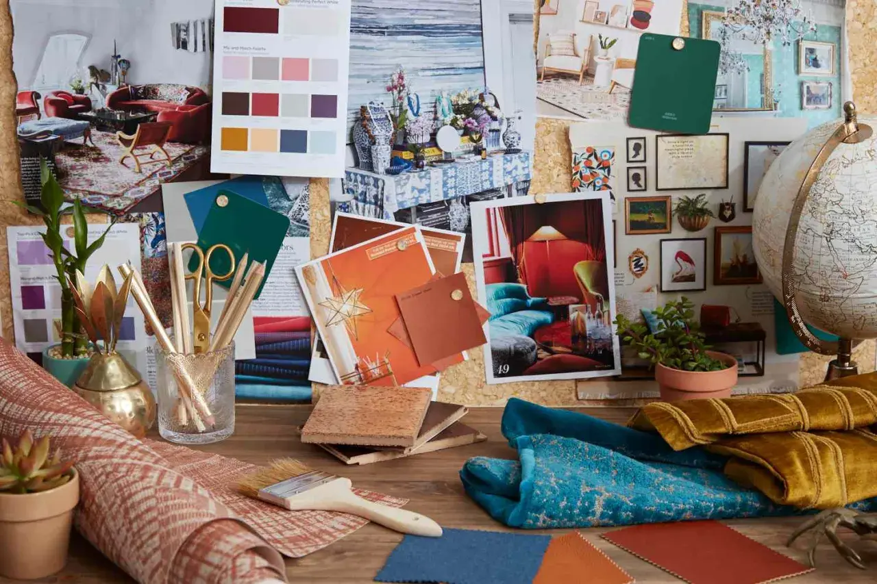 Mood board showcasing boho style furniture inspiration with rich textures, vibrant colors, and eclectic patterns.