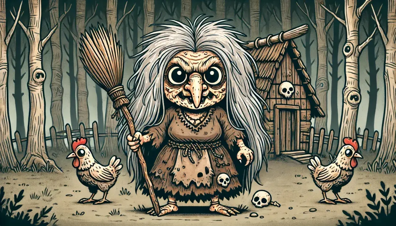 Baba Jaga z miotłą i kurczakami przed chatką w lesie, jak z filmu.