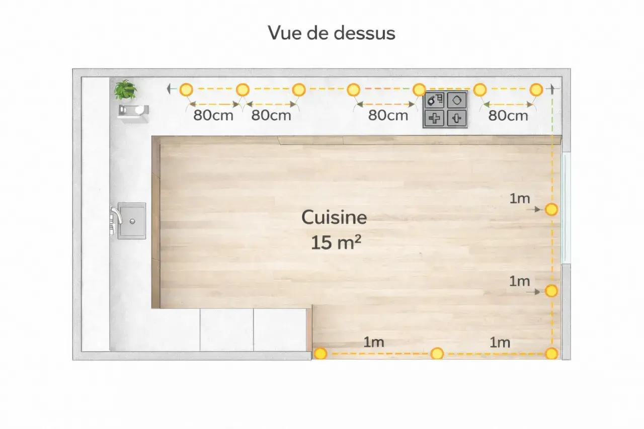 Plan de cuisine 15 m² avec spots lumineux espacés de 80 cm et 1 m. Le nombre de spot par m² est optimisé pour un éclairage uniforme.