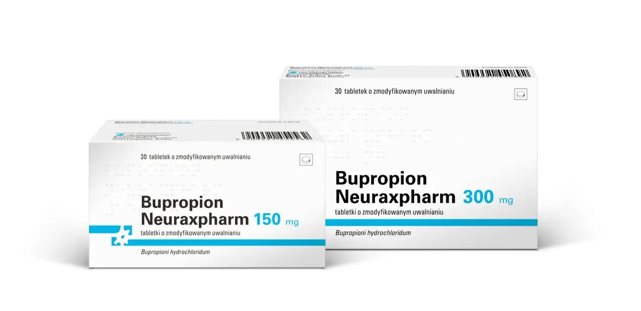 Dwa opakowania leku Bupropion Neuraxpharm 150 mg i 300 mg, zawierające tabletki o zmodyfikowanym uwalnianiu. Wellbutrin to nazwa handlowa tego leku.