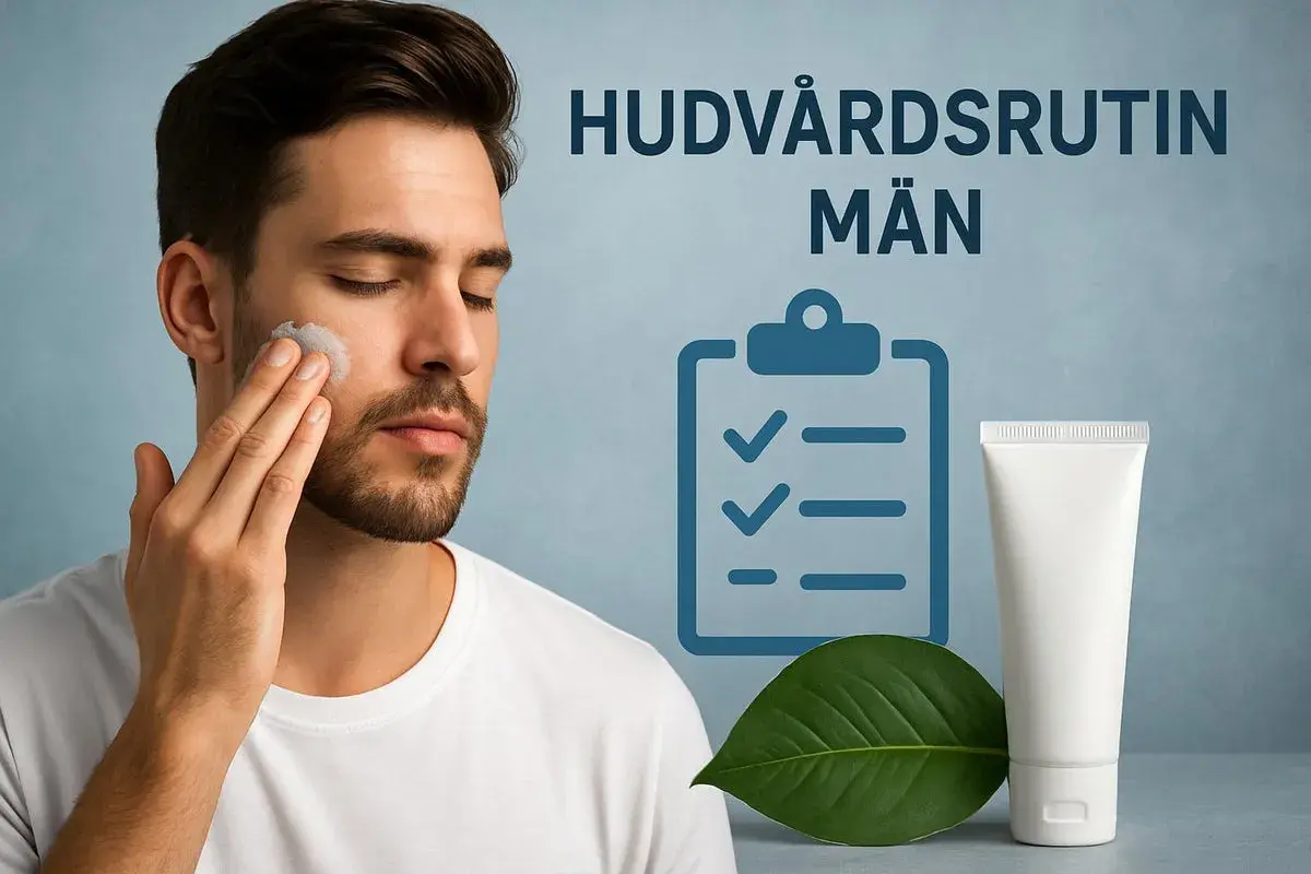 Man applicerar kräm i ansiktet. Texten "Hudvårdsrutin Män" och en checklista antyder en enkel hudvårdsrutin.