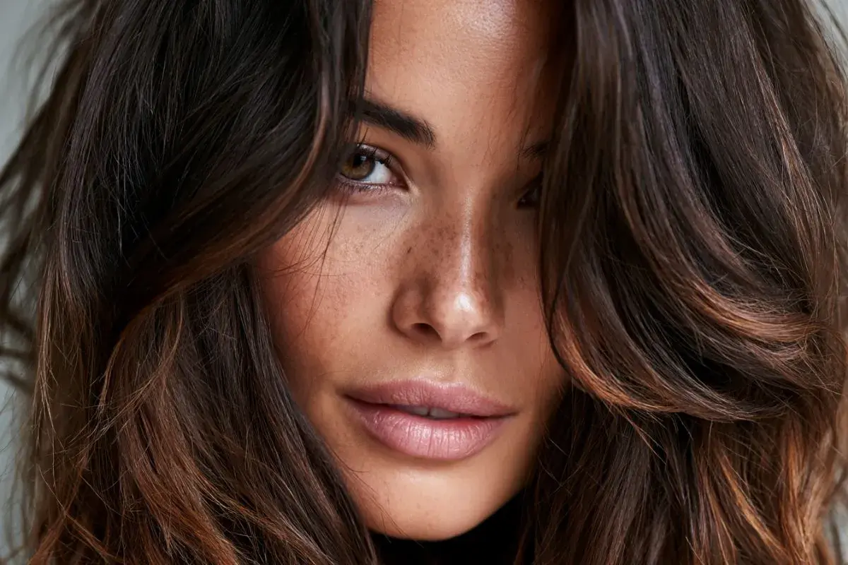 Primo piano di una donna con capelli castani e colpi di sole luminosi, lentiggini sul naso e occhi penetranti.