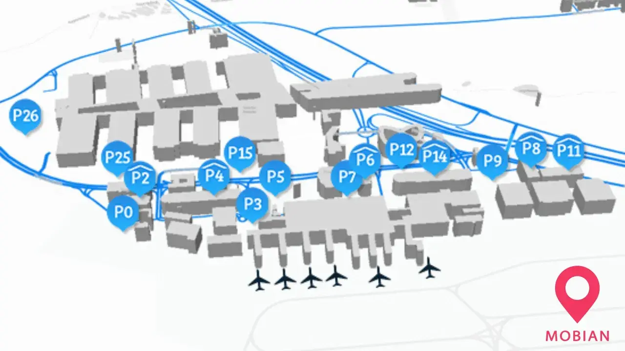 Übersichtskarte Flughafen Stuttgart: Parkplätze P0 bis P26. Hier finden Sie Infos zu Parkplatz P0 und den Preisen.